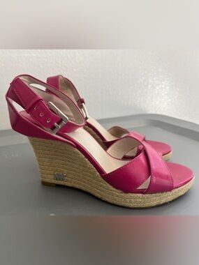 Michael Kors Pink Leather Crisscross Espadrille Wedge Sandals